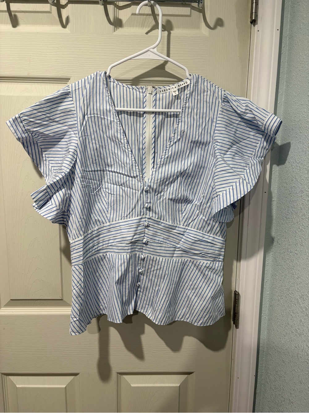 Veronica Beard Han Ruffle Sleeve Top Striped Cotton